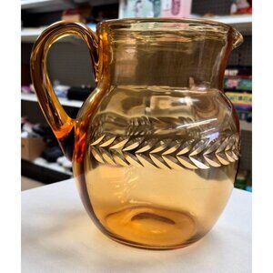 Vintage Amber Glass Pitcher with Wheel‑Cut Leaf Design Mid‑Century Barware